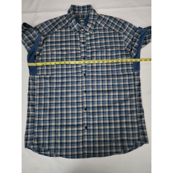 REI Men's Vented Short Sleeve Button-Up Sahara Tech Blue Plaid Shirt Size Large - Picture 10 of 11